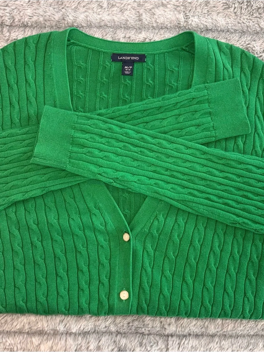 Lands' End Bright Green Cable Knit V‑Neck Button Cardigan